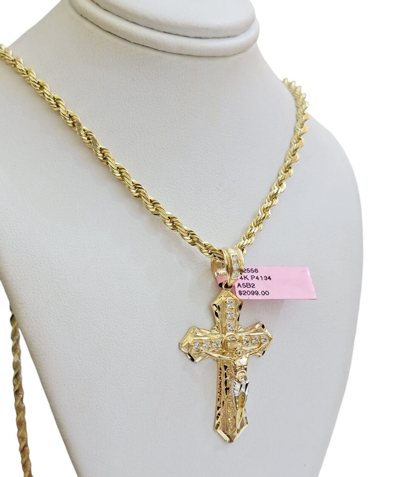 REAL 14k Gold Rope Necklace Cross Charm Pendant SET SOLID 4mm 20" Choker Chain