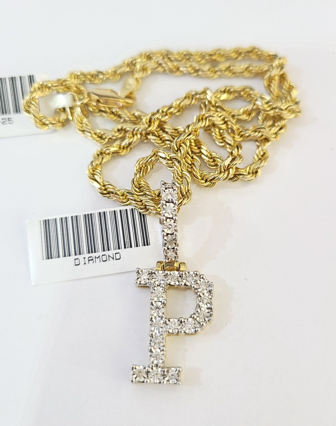 10k Rope Chain P Diamond Initial Charm Necklace Pendant Set 2mm 18"-24" Gold