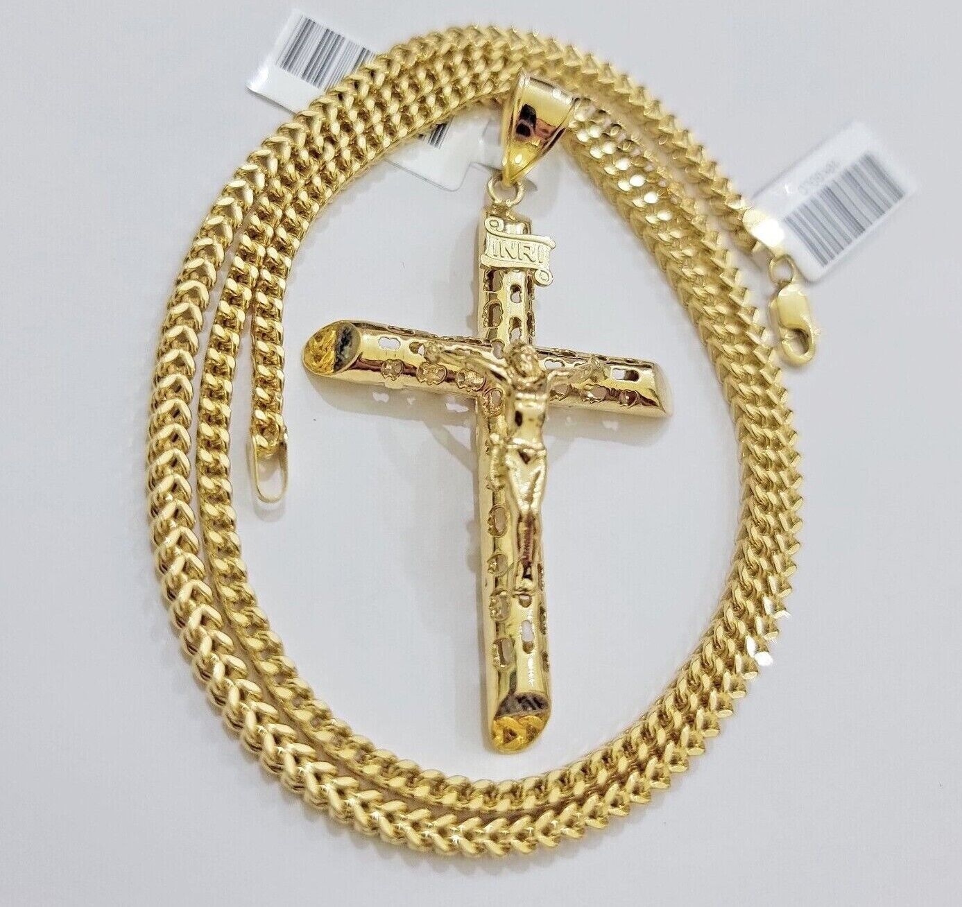 REAL 10k Yellow Gold Franco Necklace Cross Pendant Chain 24 Inch &Jesus Crucifix