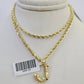 10k Gold Initial J Charm Rope Chain 16"-26" 2.5mm SET Necklace Alphabet Pendant