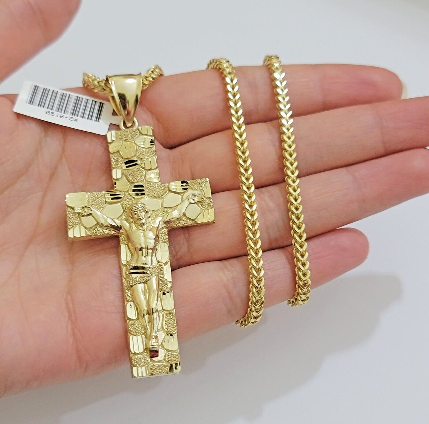 REAL 10k Gold Franco Necklace Nugget Cross Pendant SET 20" - 26 Inch 3mm Chain