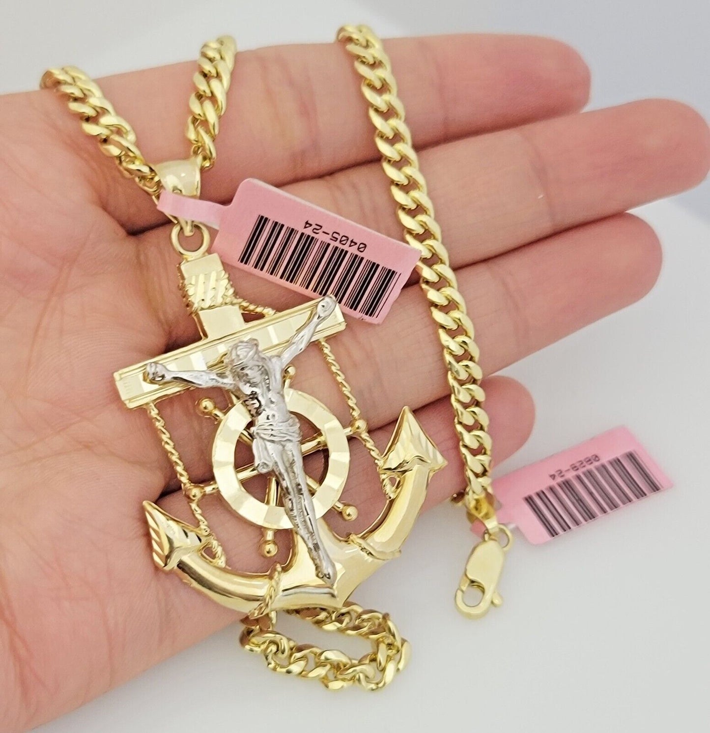 Real 14k Gold Necklace Pendant SET Miami Cuban Link Chain 5mm 24" Anchor Charm