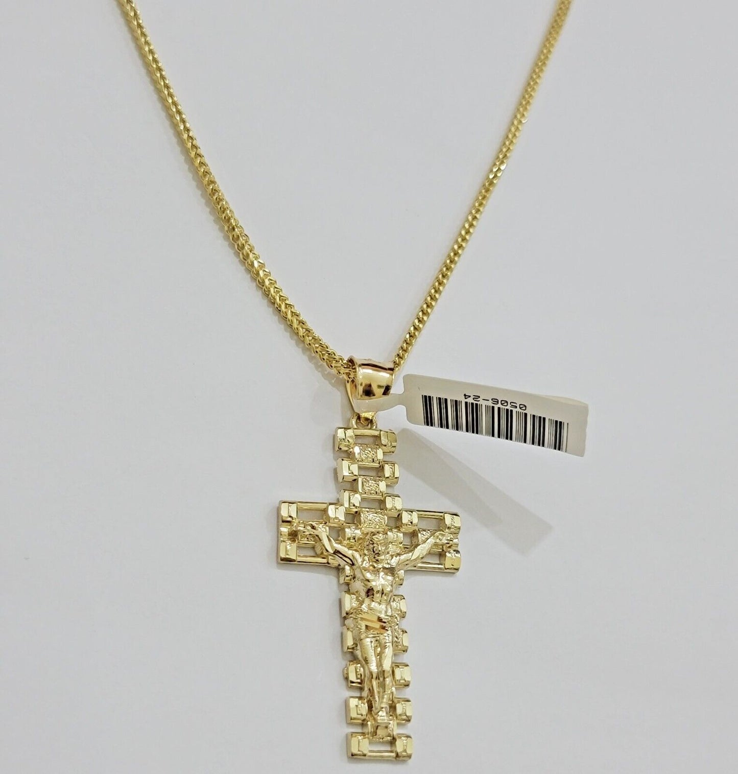 Real 10k Gold Franco Chain Cross Charm SET 24 Inch 2mm Necklace Jesus Pendant