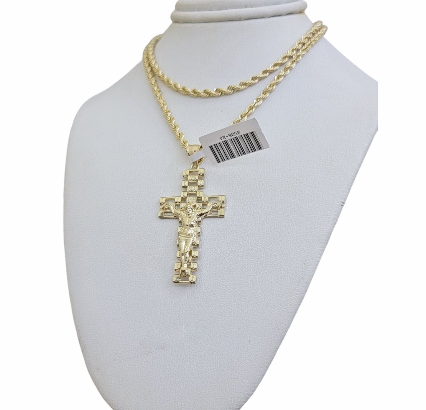 Real 10k Gold Rope Chain Cross Charm Pendant SET 3mm 20" Necklace Jesus Crucifix