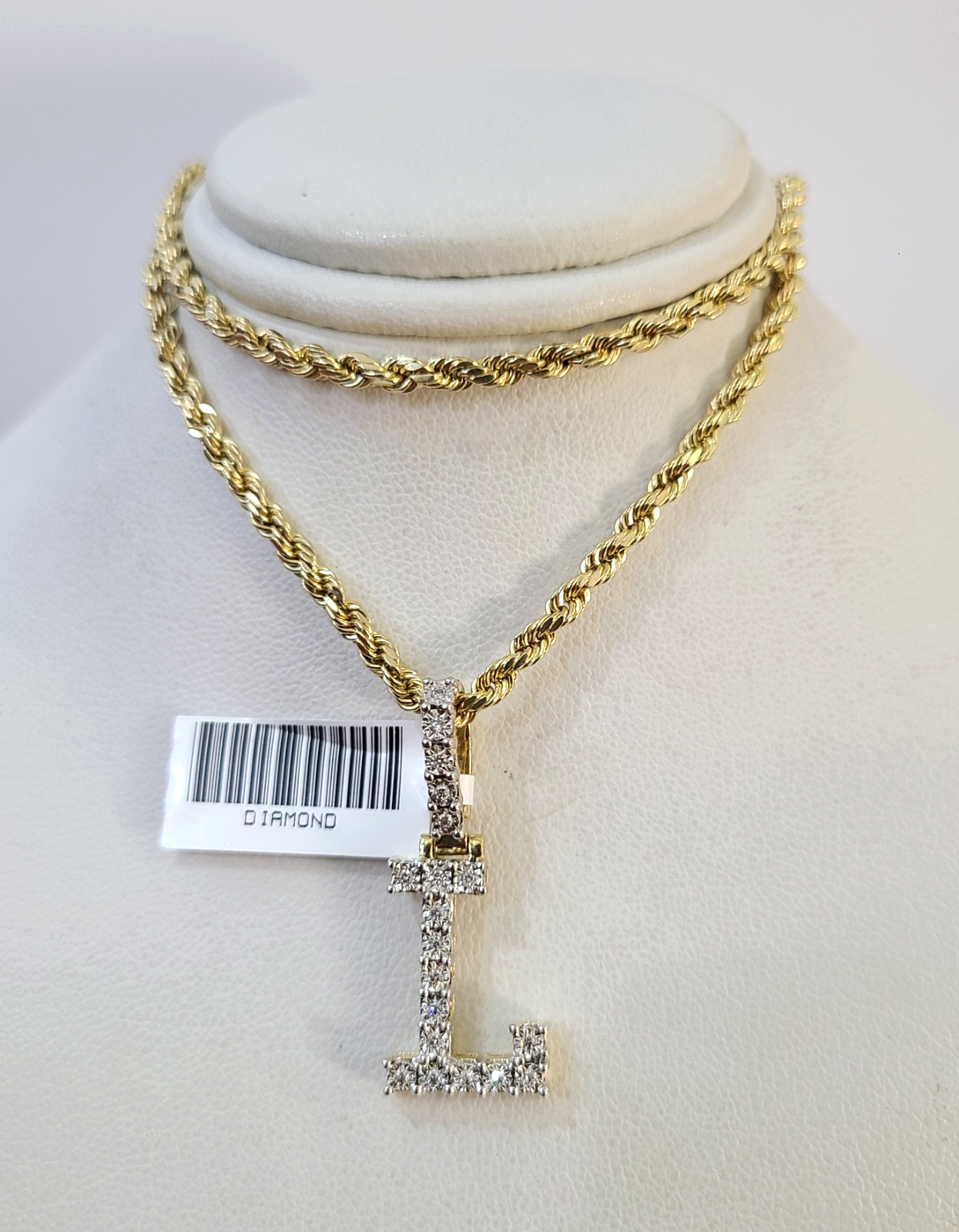 10k Rope Chain L Diamond Initial Charm Necklace Pendant Set 2mm 18"-24" Gold