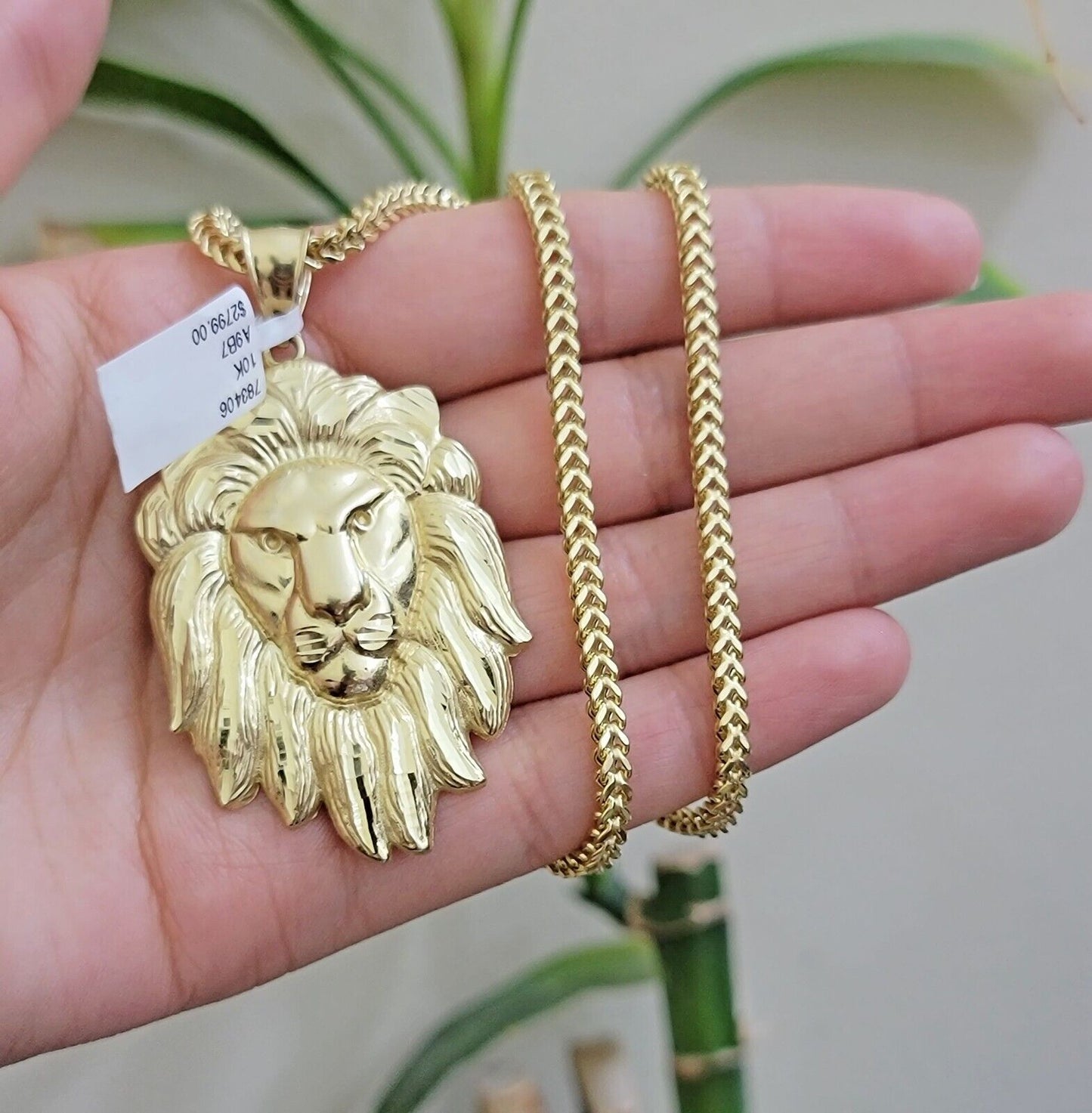 REAL 10k Gold Franco Necklace Charm Lion Head Pendant SET 20 - 26 Inch 3mm Chain