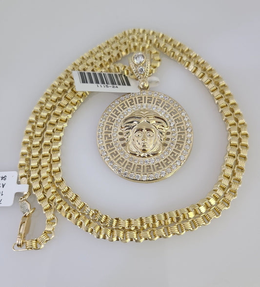 Real 10k Gold Chain Charm SET Byzantine Necklace 3mm 22" & CZ Head Pendant 10kt