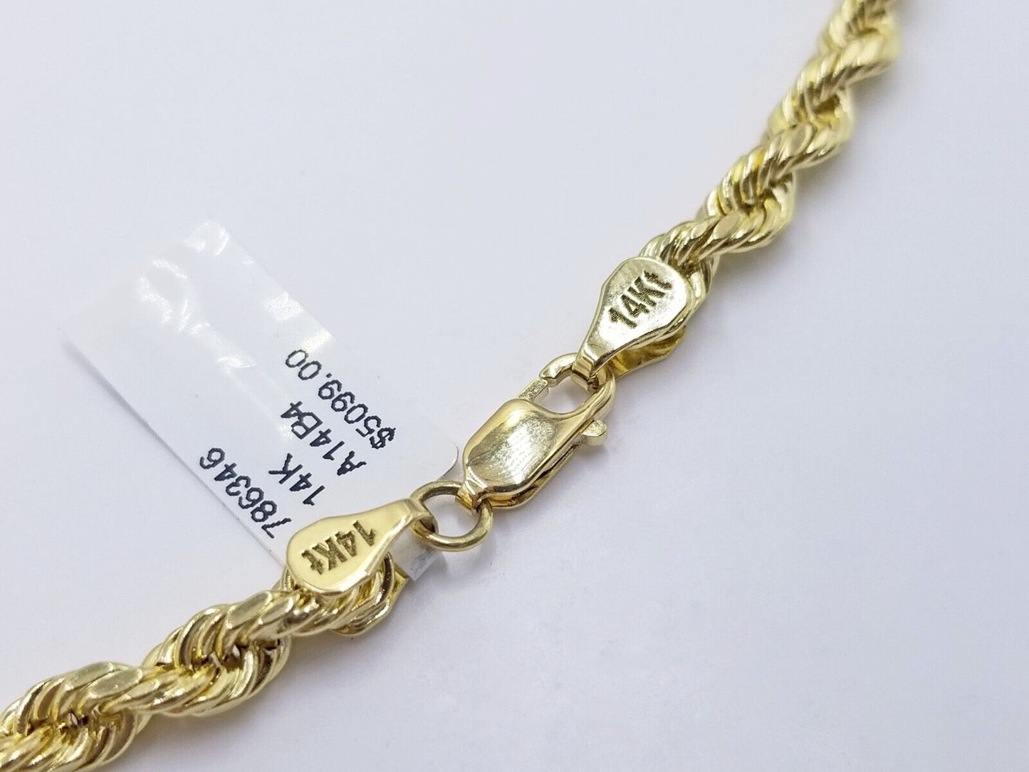 Real 14K Yellow Gold Rope Chain Necklace 5mm 22" 24" 26" inch for Men, Lobster