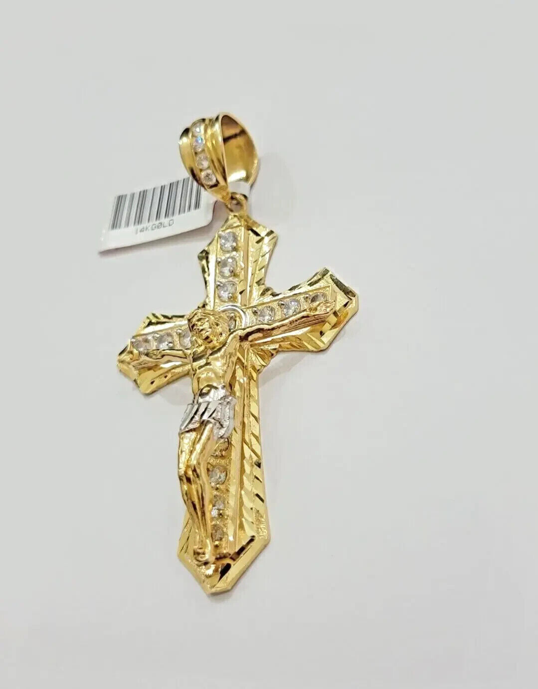 Real 14k Yellow Gold Cross Charm Pendant 14kt Jesus Crucifix With Stone For Mens