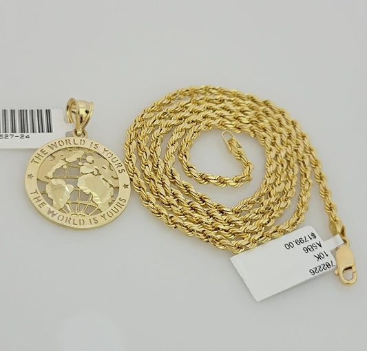 Real 10k Gold Chain Pendant SET World Is Your Charm  Rope Necklace 3mm 24 Inch