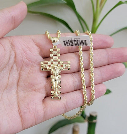 Real 10k Gold Rope Chain Cross SET 3mm 18-30" Inch Necklace Jesus Charm Pendant