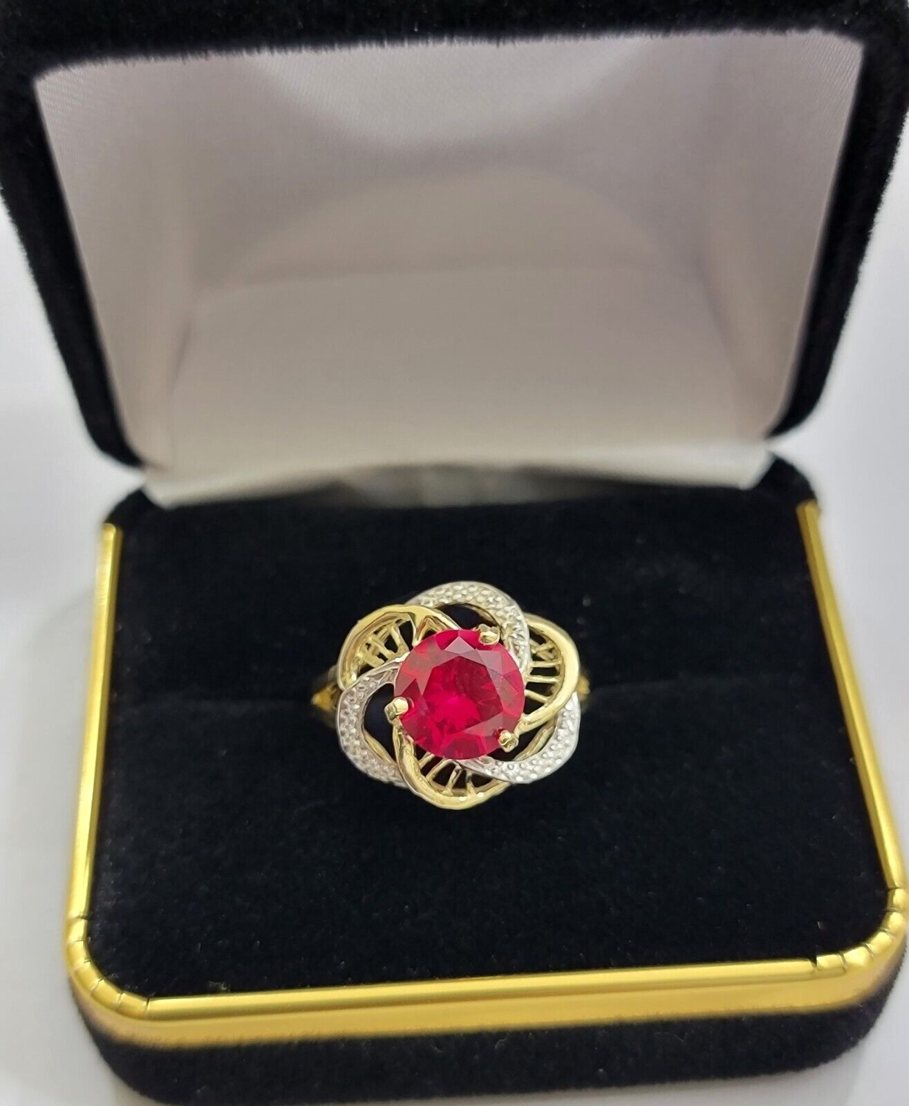 10k Yellow Gold Women Ring Pink Red Color Ladies Flower Band REAL 10KT Size 7.5