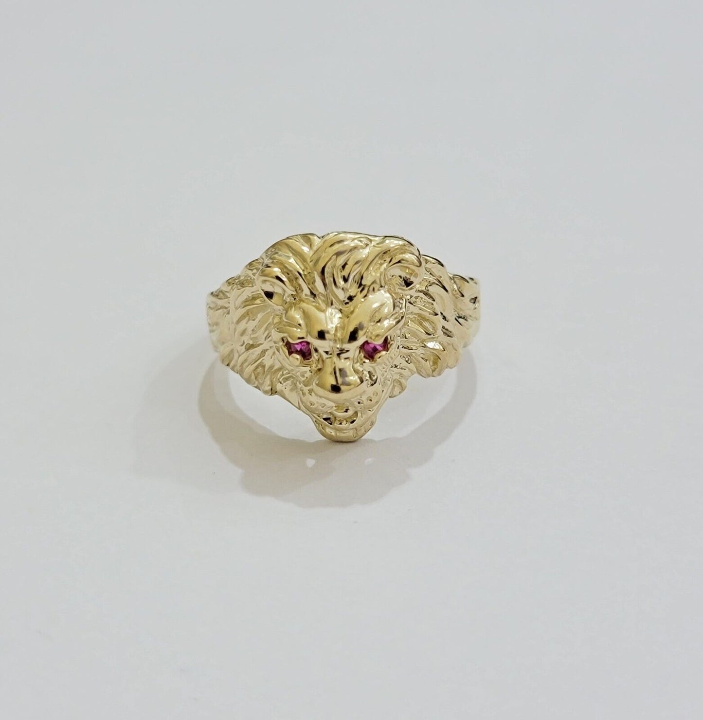 Mens Ring Lion Head REAL 10k Yellow Gold Roaring Lion With Red Eye , 10kt Solid