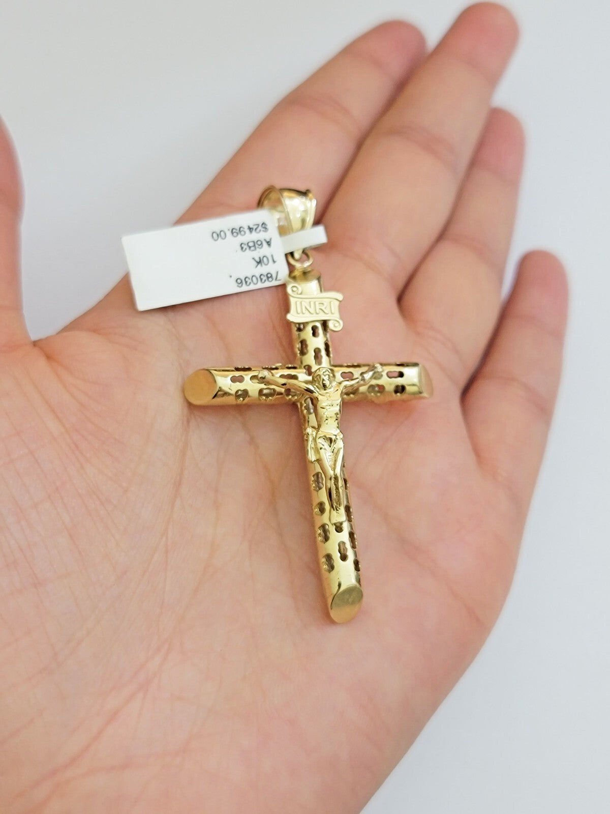 Real 10k Yellow Gold Cross charm Hollow INRI Pendant 2.5 Inch For Mens 10KT /AS