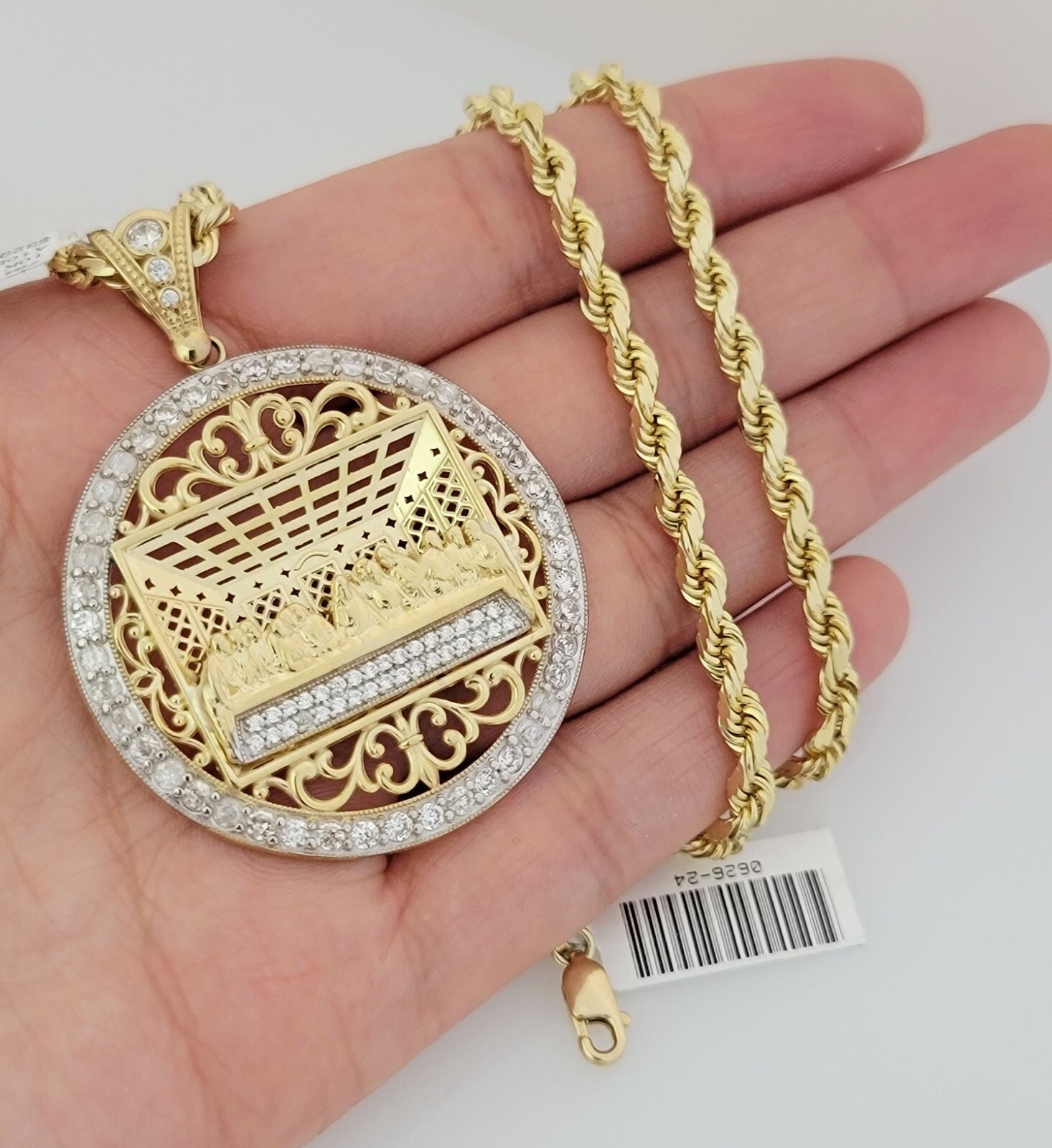 Real 10k Gold Rope chain Last supper Charm Pendant SET Solid Necklace 4mm 22Inch
