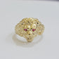 Mens Ring Lion Head REAL 10k Yellow Gold Roaring Lion With Red Eye , 10kt Solid