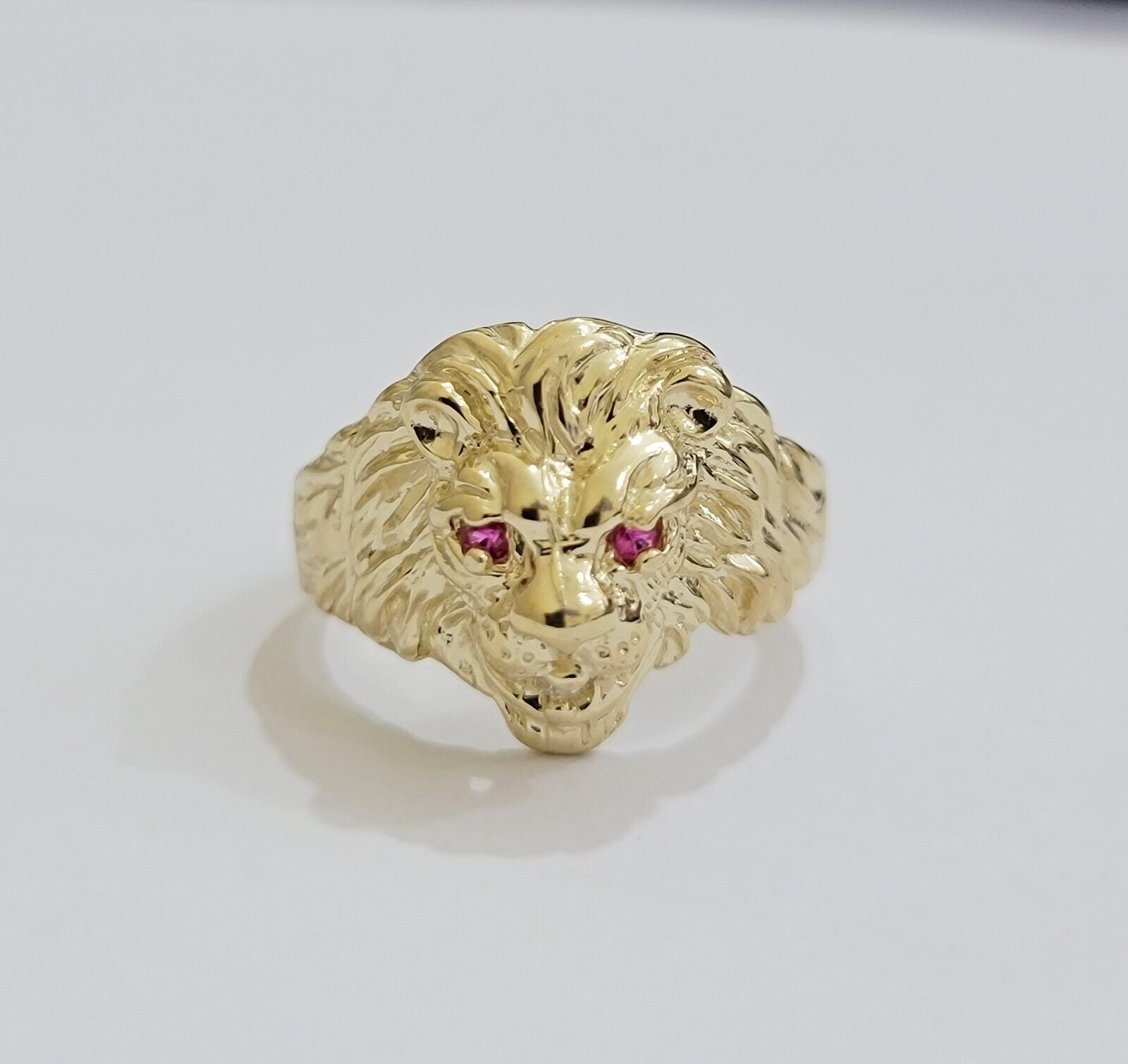 Mens Ring Lion Head REAL 10k Yellow Gold Roaring Lion With Red Eye , 10kt Solid