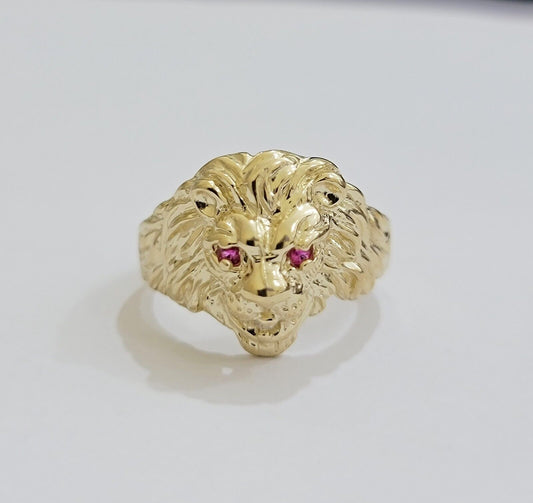 Mens Ring Lion Head REAL 10k Yellow Gold Roaring Lion With Red Eye , 10kt Solid