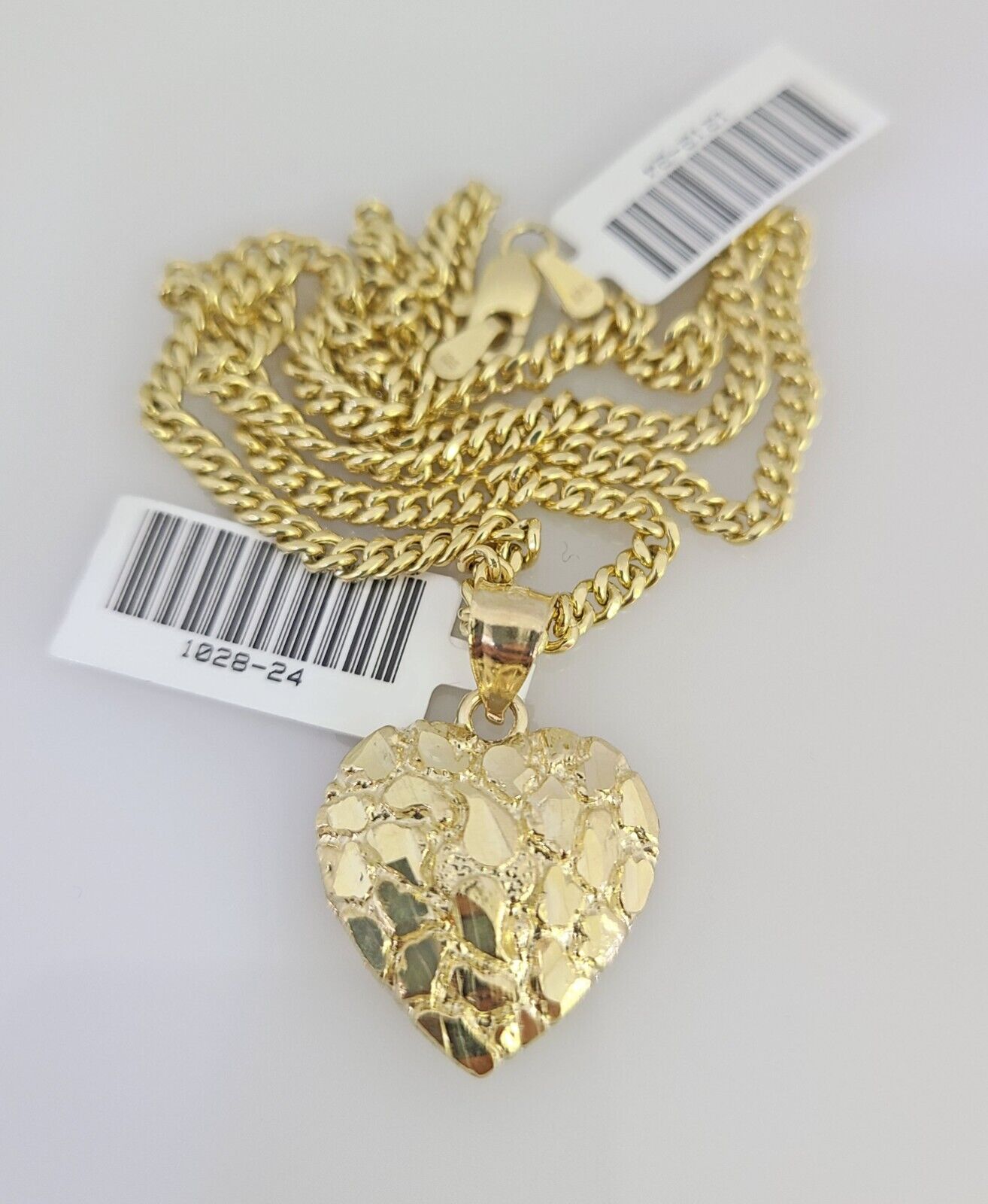 Real 10k Gold Chain Pendant SET Nugget Heart Charm Miami Cuban Link Necklace 2mm