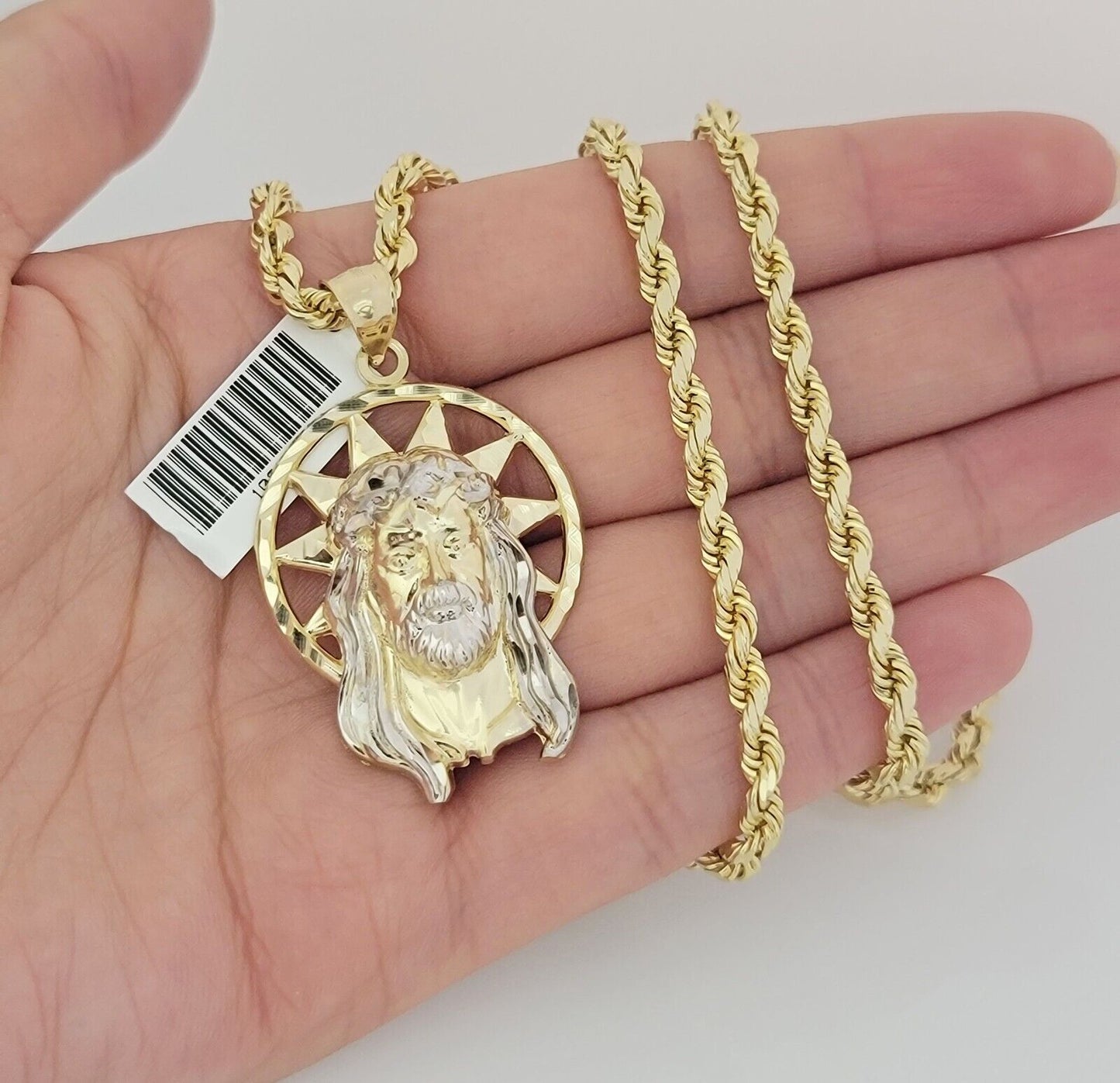 Real 10k Gold Chain Pendant SET Jesus Head Charm Solid Rope Necklace 4mm 24 Inch