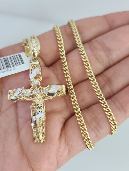 Real 10k Gold Chain Pendant SET Jesus Cross Charm Miami Cuban Link Necklace 2mm