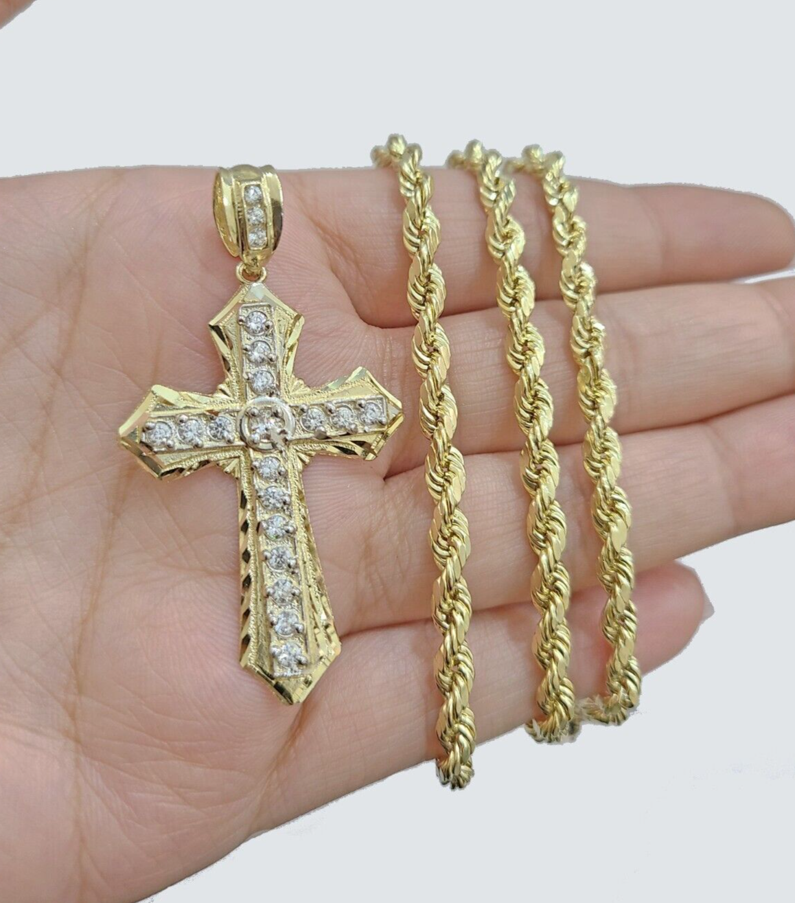 14k Yellow Gold Cross Charm Rope Chain Necklace 4mm 26'' Pendant 14kt Jesus Real