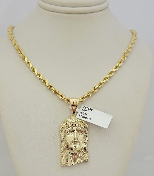 Real 10k Gold Rope Chain Pendant SET Jesus Face Charm Solid Necklace 4mm 26 Inch