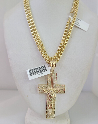 10k Gold Byzantine Chain Necklace Jesus Cross Charm Pendant SET REAL 10kt 3mm