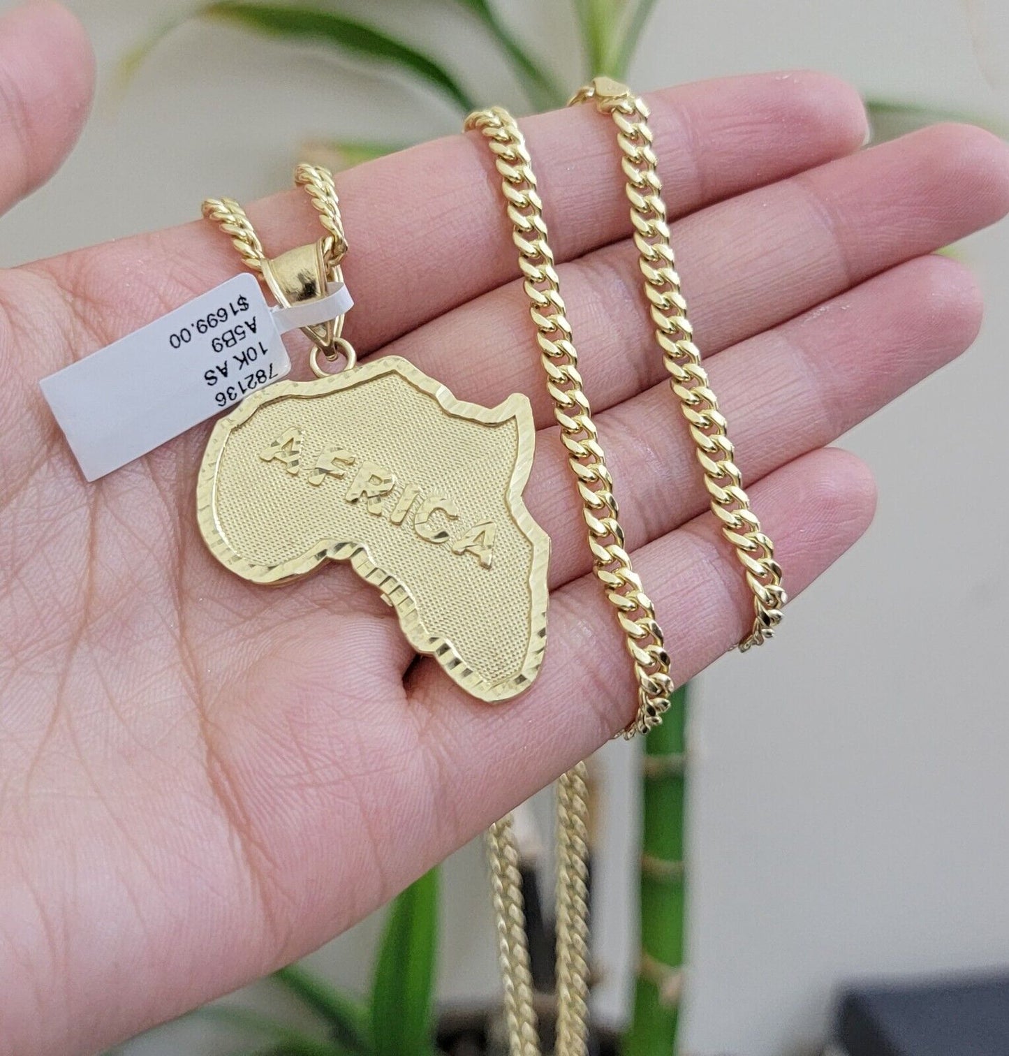 Real 10k Gold Chain & AFRICA Map Charm Pendant SET 24 Inch Cuban Link Necklace