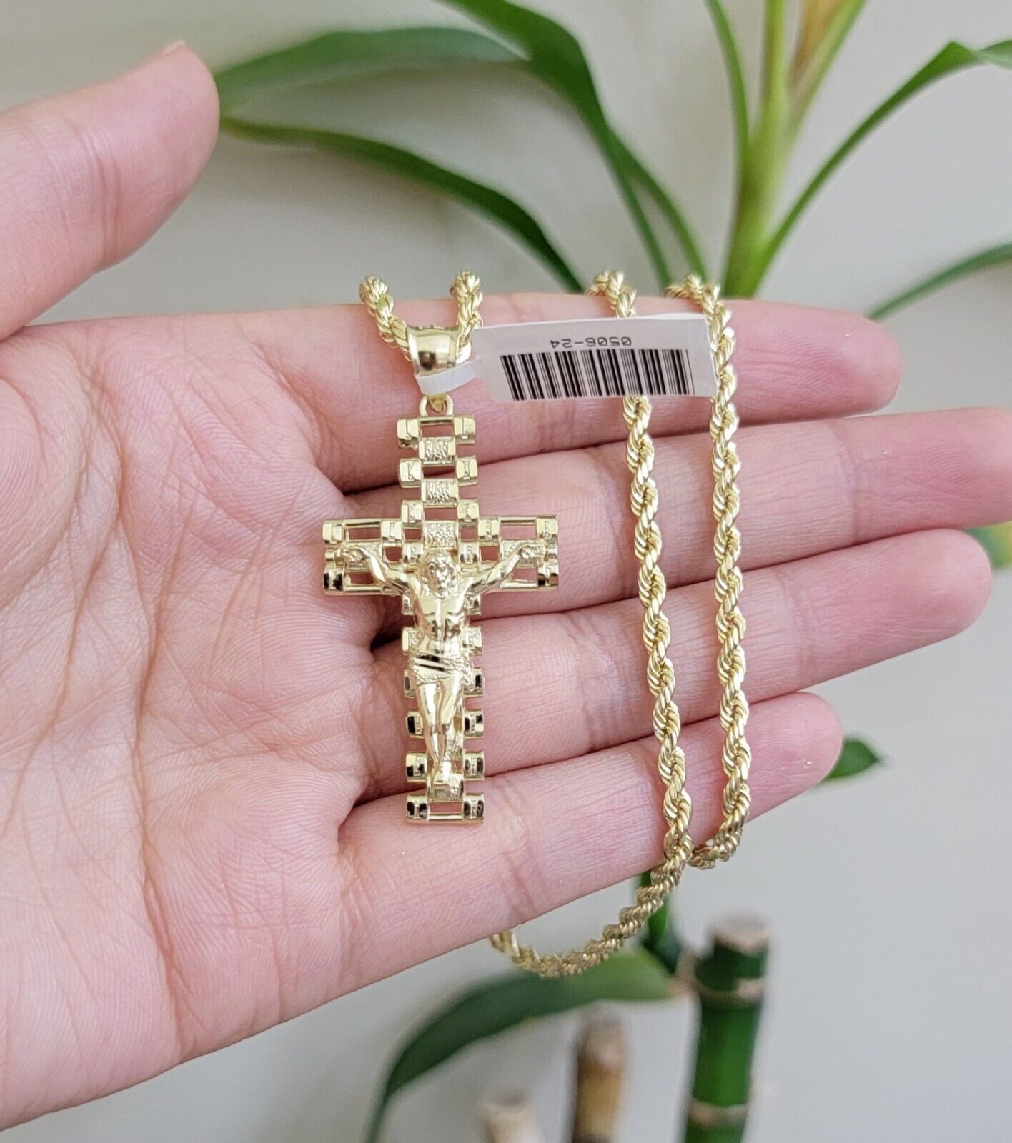 Real 10k Gold Rope Chain Cross Charm Pendant SET 3mm 20" Necklace Jesus Crucifix