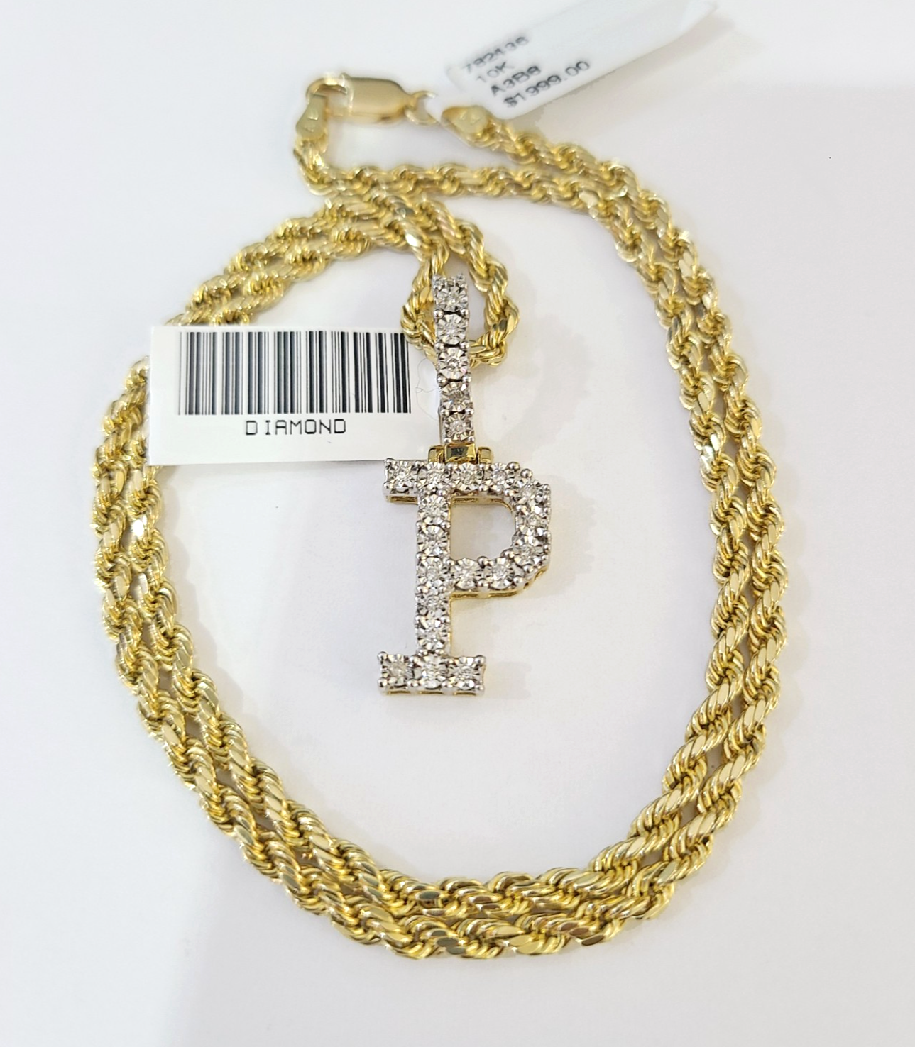 10k Rope Chain P Diamond Initial Charm Necklace Pendant Set 2mm 18"-24" Gold