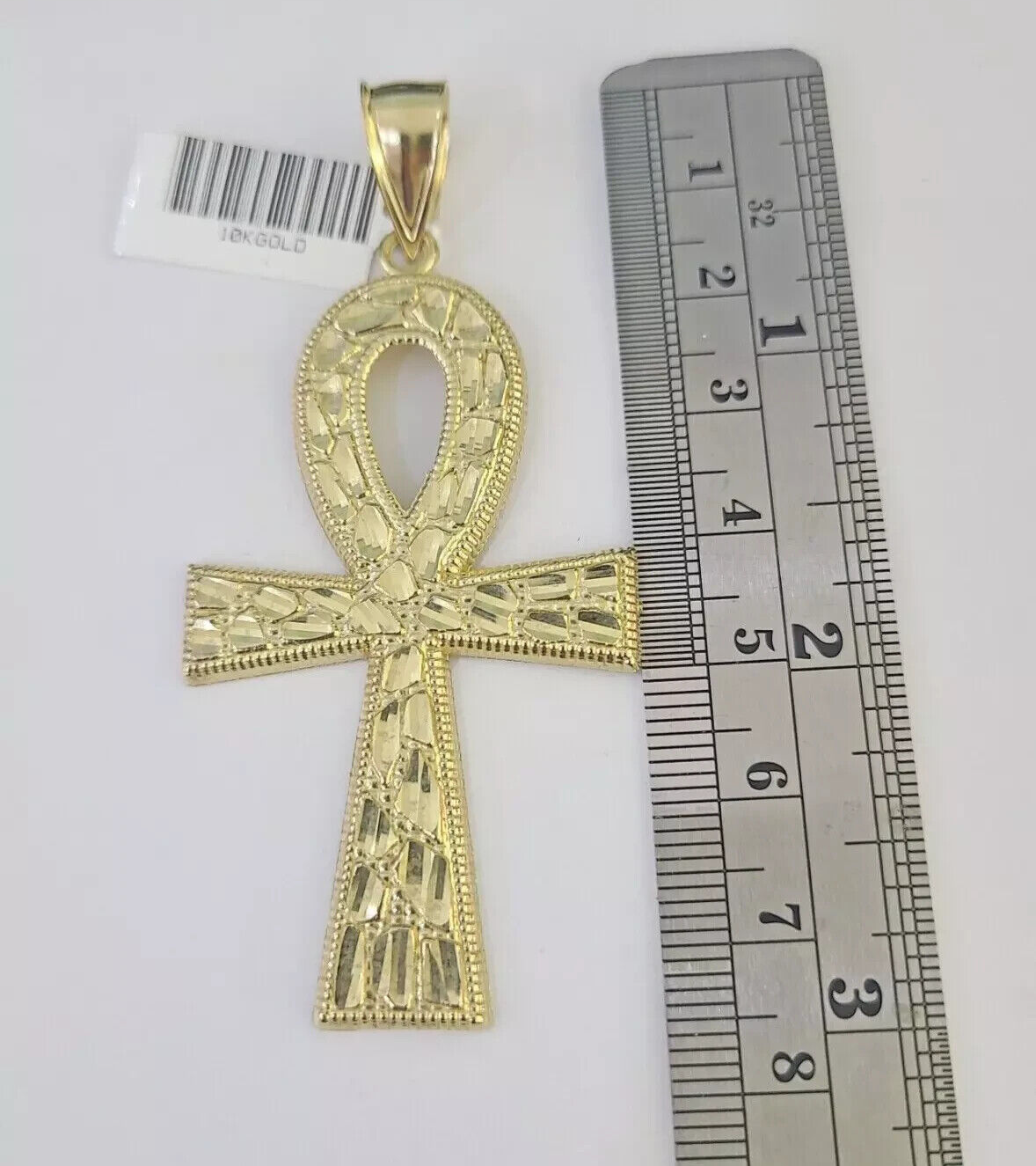 10k Yellow Gold Nugget Ankh Charm Pendant 2.75 Inch For Men's REAL 10KT Gold