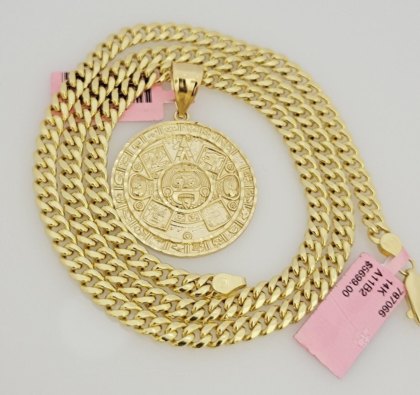 Real 14k Gold Miami Cuban Link Chain Mayan Charm Pendant SET 5mm Necklace 20-28"