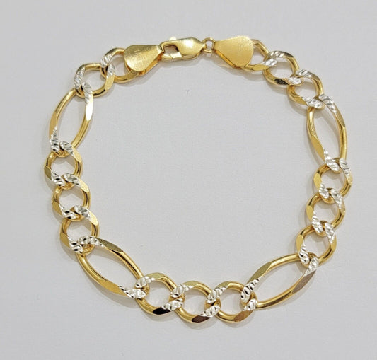 REAL 10k Gold Bracelet Figaro Link Solid Yellow Gold 8.5" 9mm Two-Tone Diamond