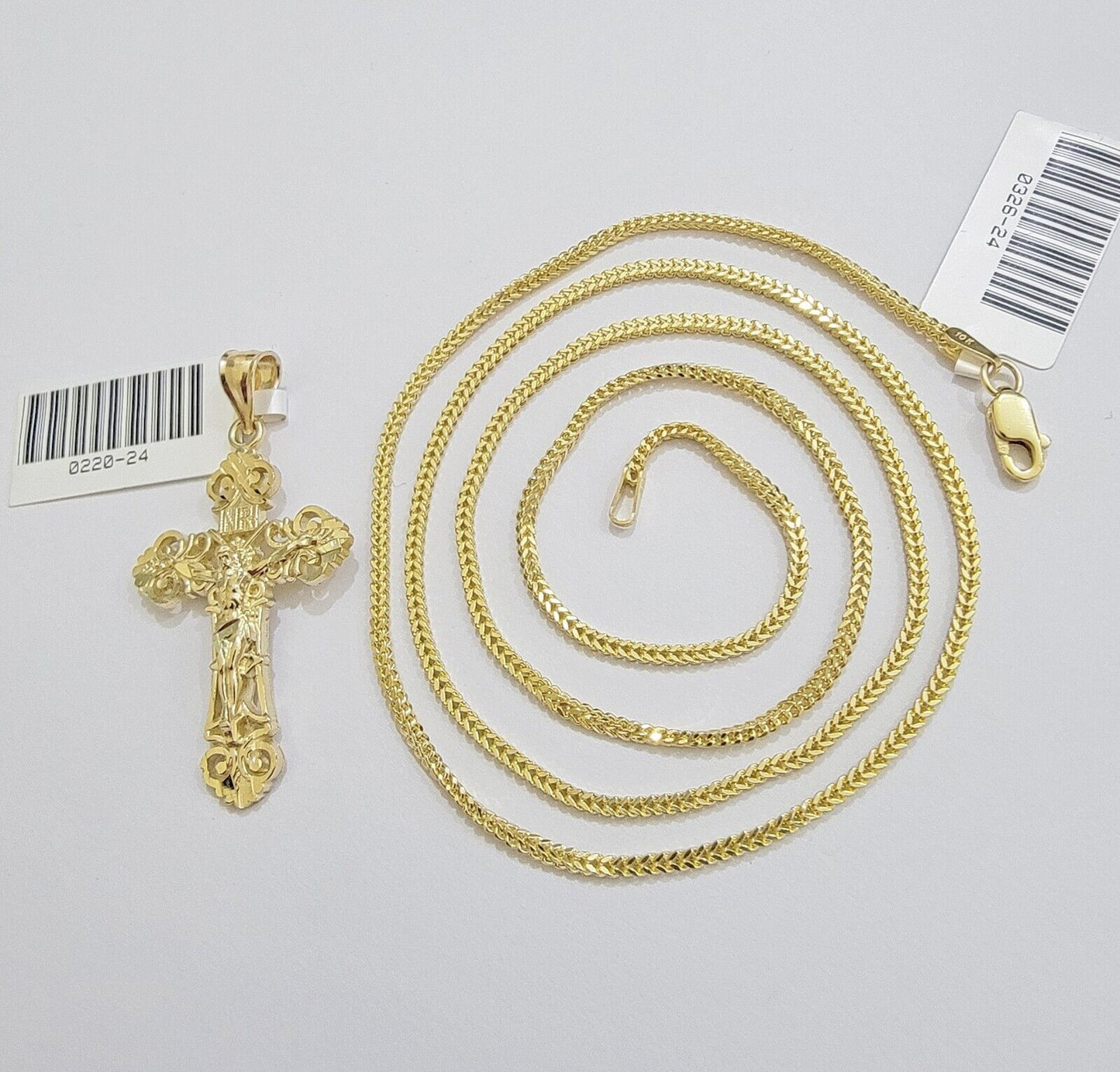 Real 10k Gold Franco Chain Jesus Cross Charm Pendant Necklace SET Men Women