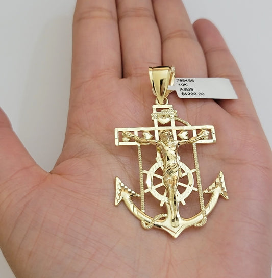 Real 10k Yellow Gold charm Pendant Anchor Cross 2.25 Inch For Men's 10KT / CAL