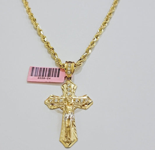 REAL 14k Gold Rope Necklace Cross Charm Pendant SET SOLID 4mm 28 Inch Chain Mens