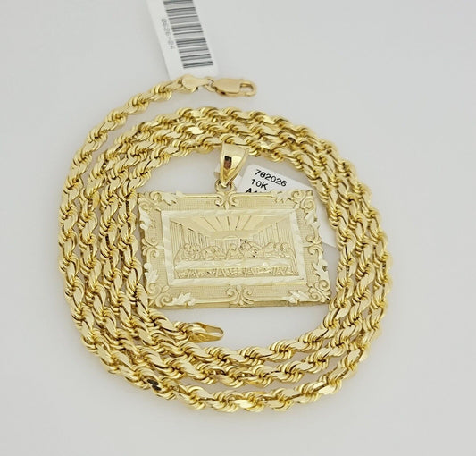 Real 10k Gold Chain Solid Rope Necklace Pendant SET Last supper Charm 4mm 24"