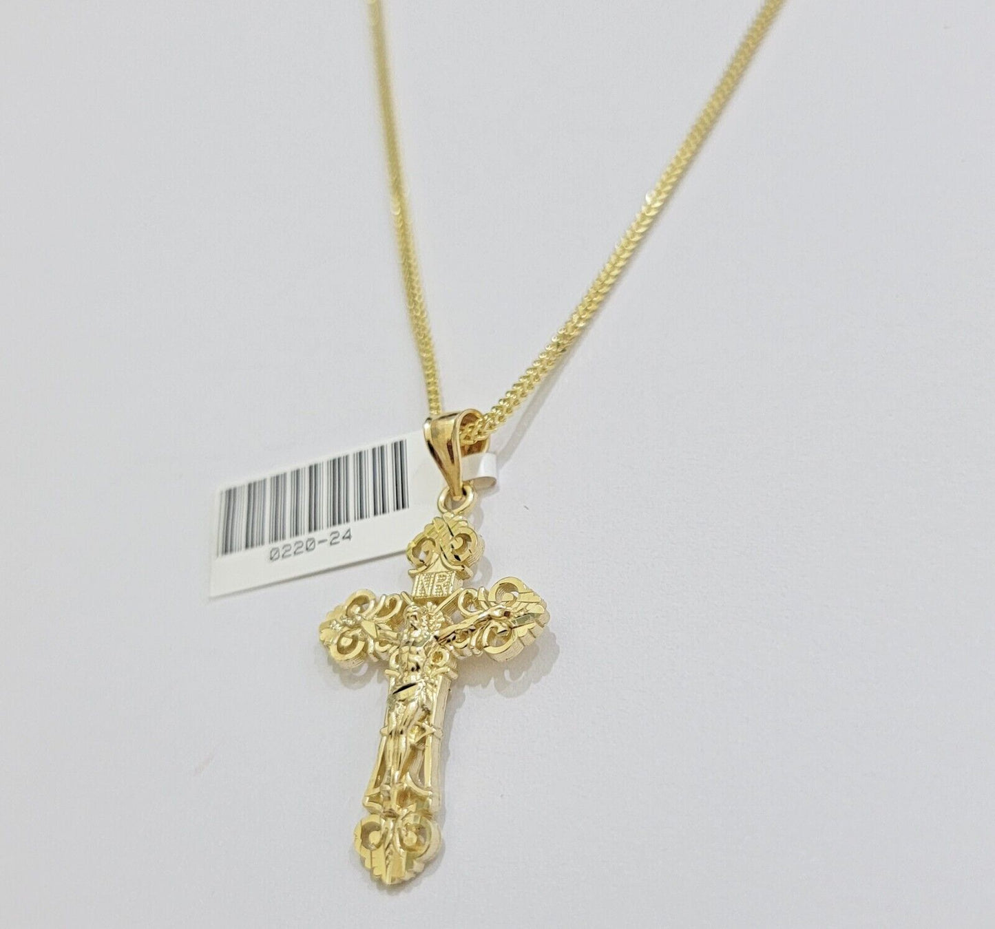 Real 10k Gold Franco Chain Jesus Cross Charm Pendant Necklace SET Men Women