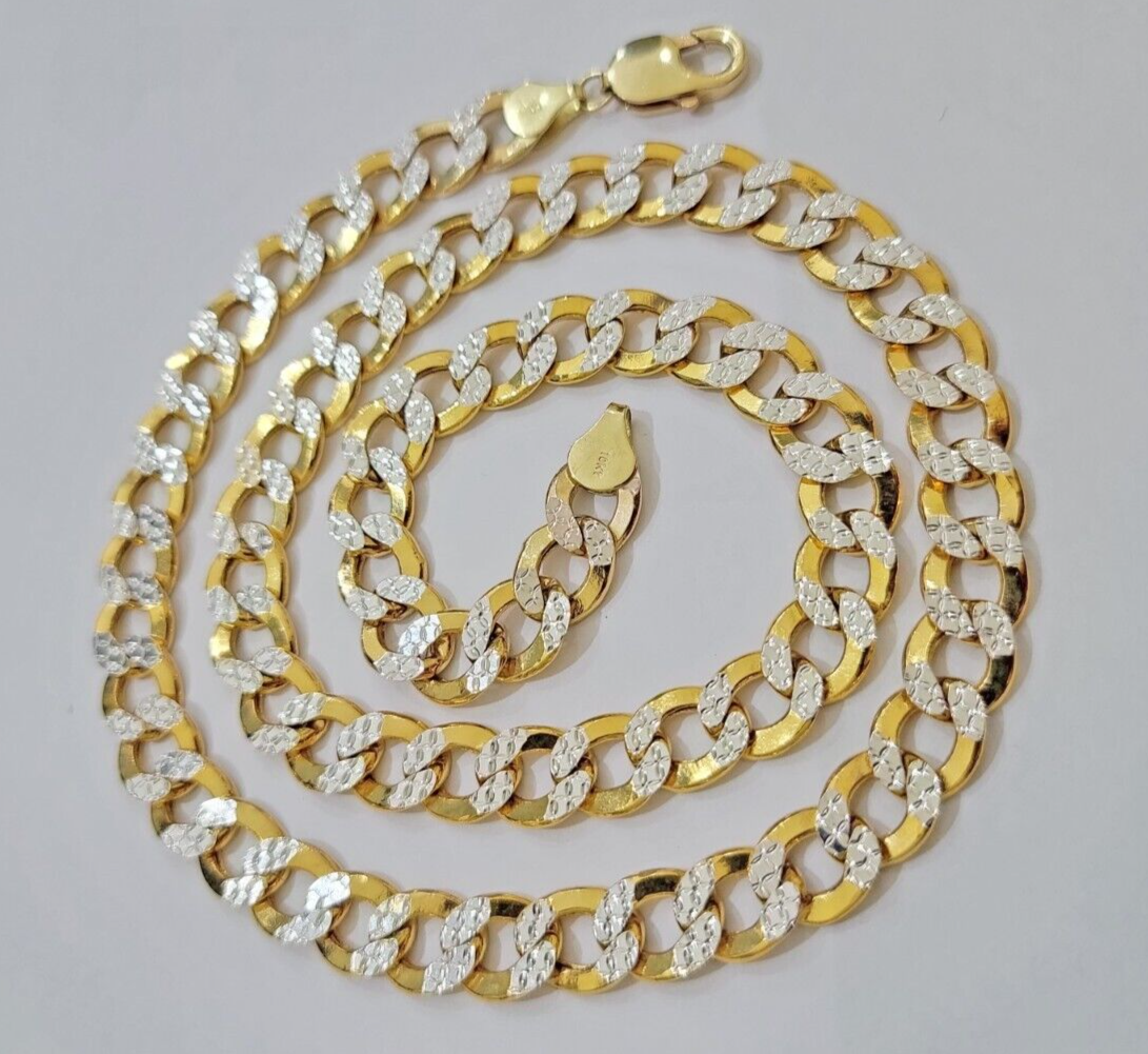 Real 10k Yellow Gold Chain Curb Link Necklace 10mm 28 Inch Diamond Cut Two-tone