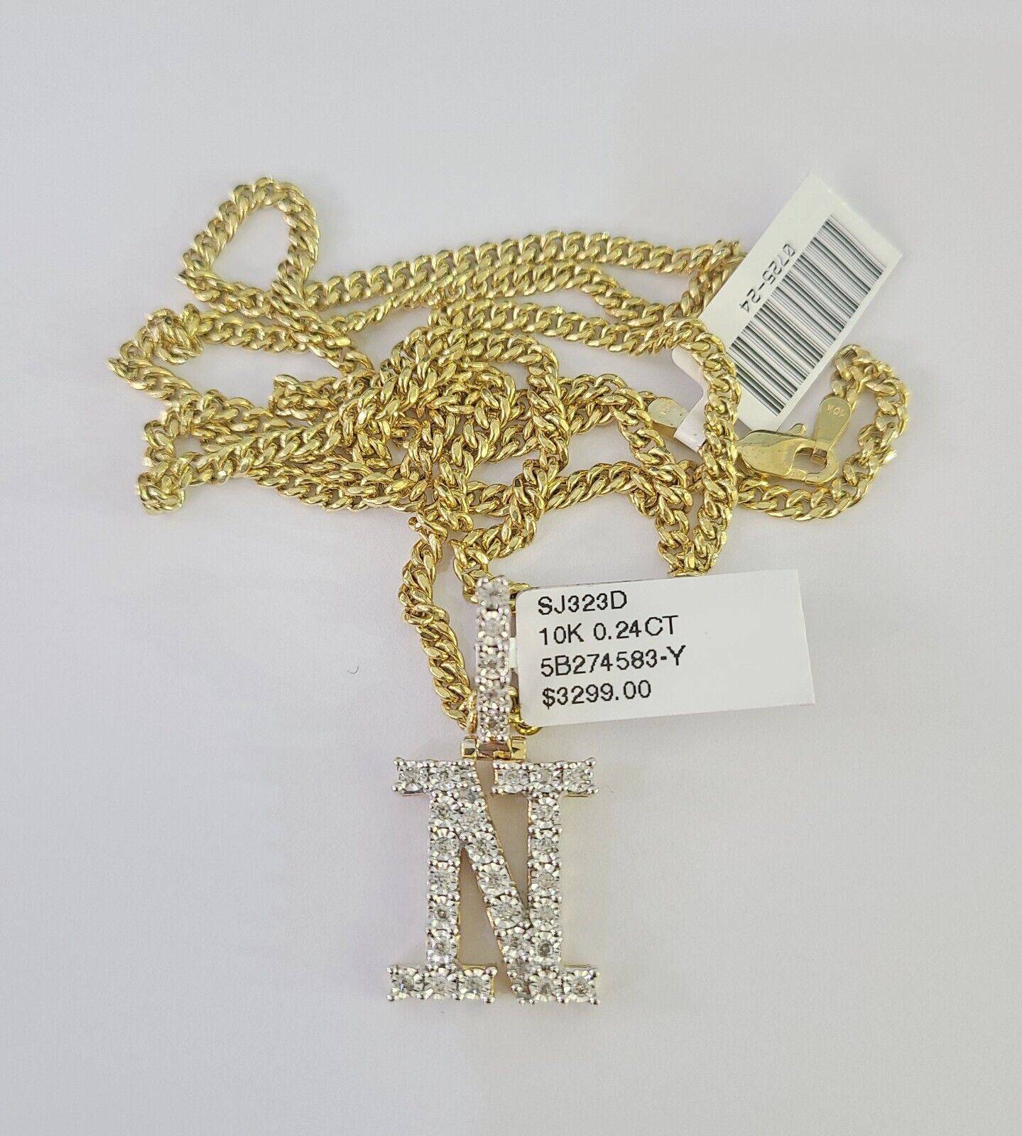 Real 10k Gold Necklace Chain Diamond N Alphabet Charm SET 3mm Miami Cuban Link