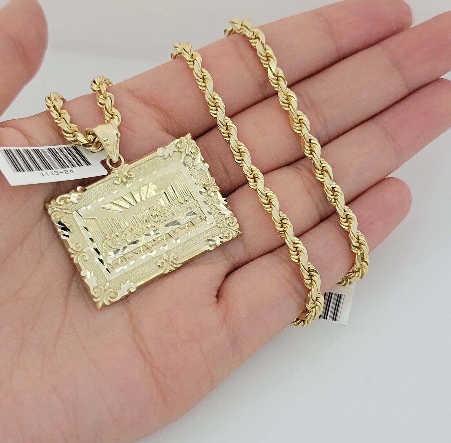 Real 10k Gold Chain Solid Rope Necklace Pendant SET Last supper Charm 4mm 22"