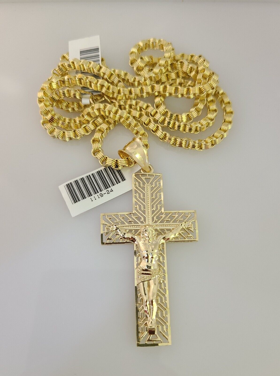 10k Gold Byzantine Chain Necklace Jesus Cross Charm Pendant SET REAL 10kt 3mm