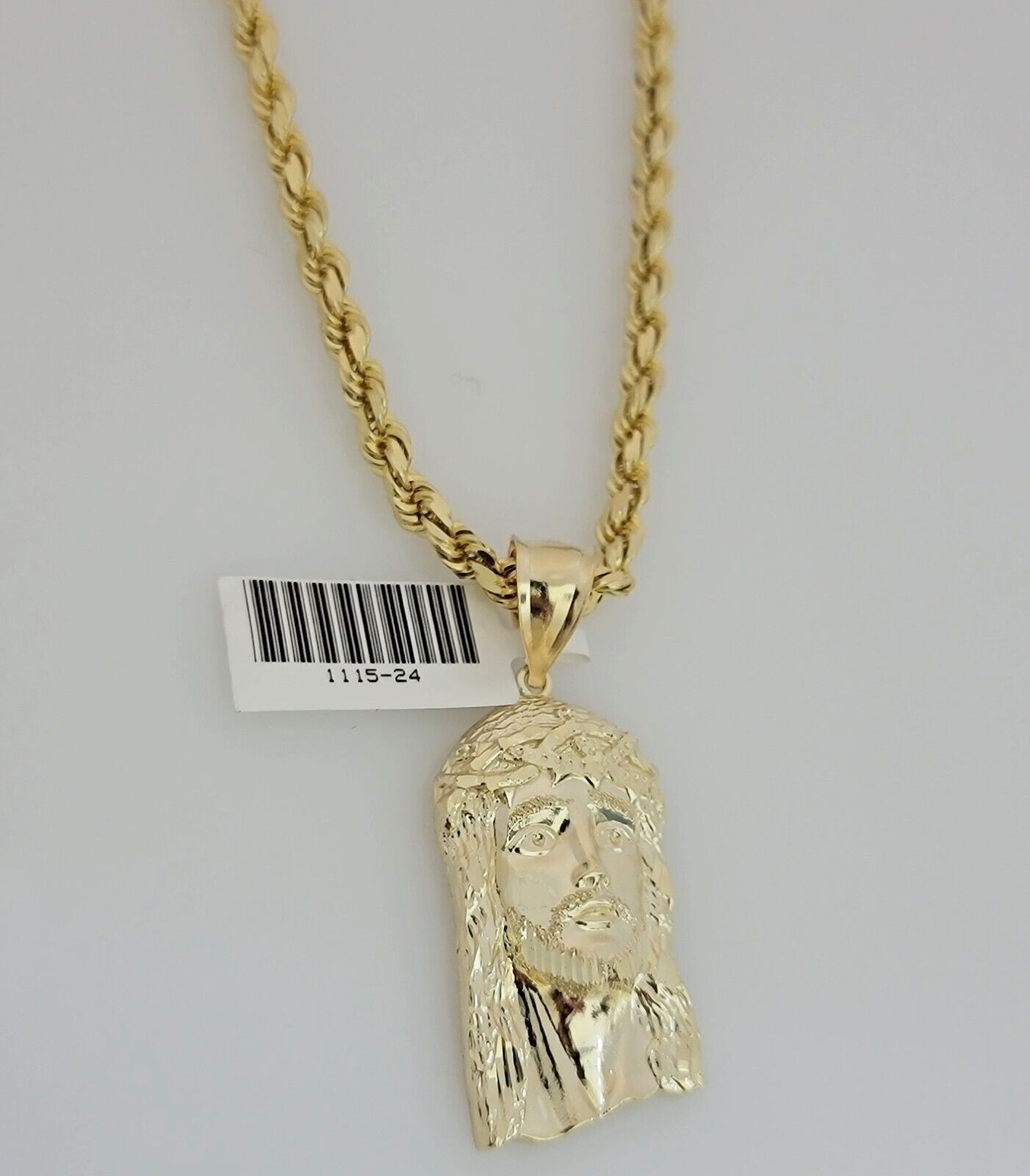 Solid 10k Gold Rope Chain Pendant SET Jesus Face Charm Necklace 4mm 20" Choker