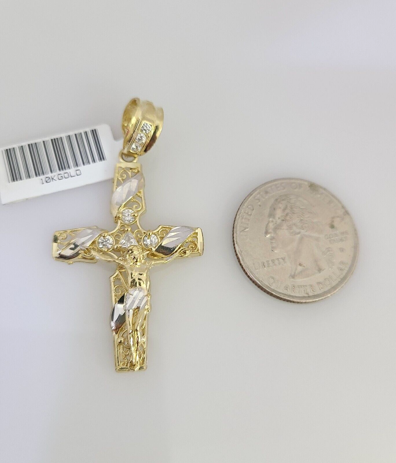 REAL 10k Yellow Gold Cuban Link Chain With Cross Charm Pendant, Necklace 3mm 26"
