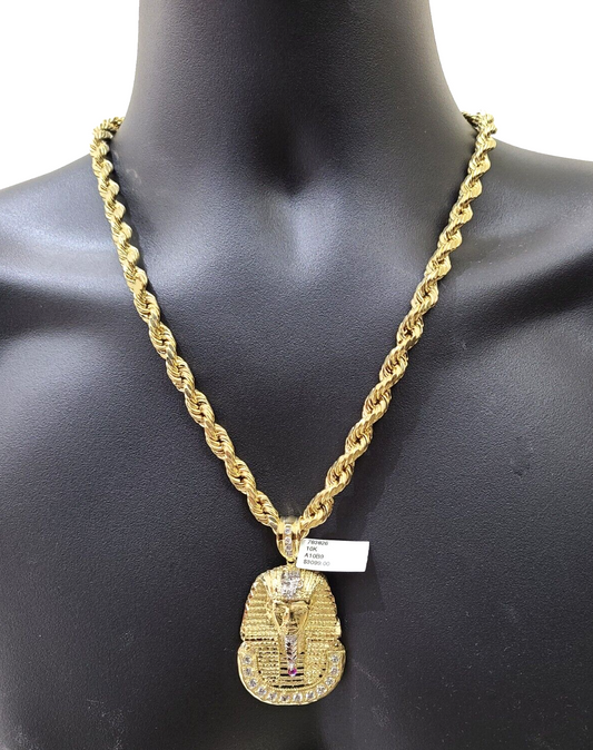 10k Gold Pharaoh Head Charm Rope Chain Necklace 8mm 28'' Set & Pendant 10kt REAL