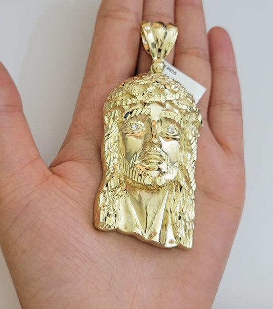 Real 10k Yellow Gold Jesus Face Head Pendant 3 Inch Charm For Men's, 10kt / CAL