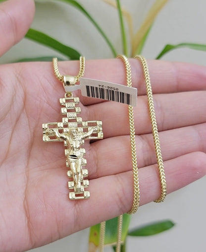 Real 10k Gold Franco Chain Cross Charm SET 18-24 Inch 2mm Necklace Jesus Pendant