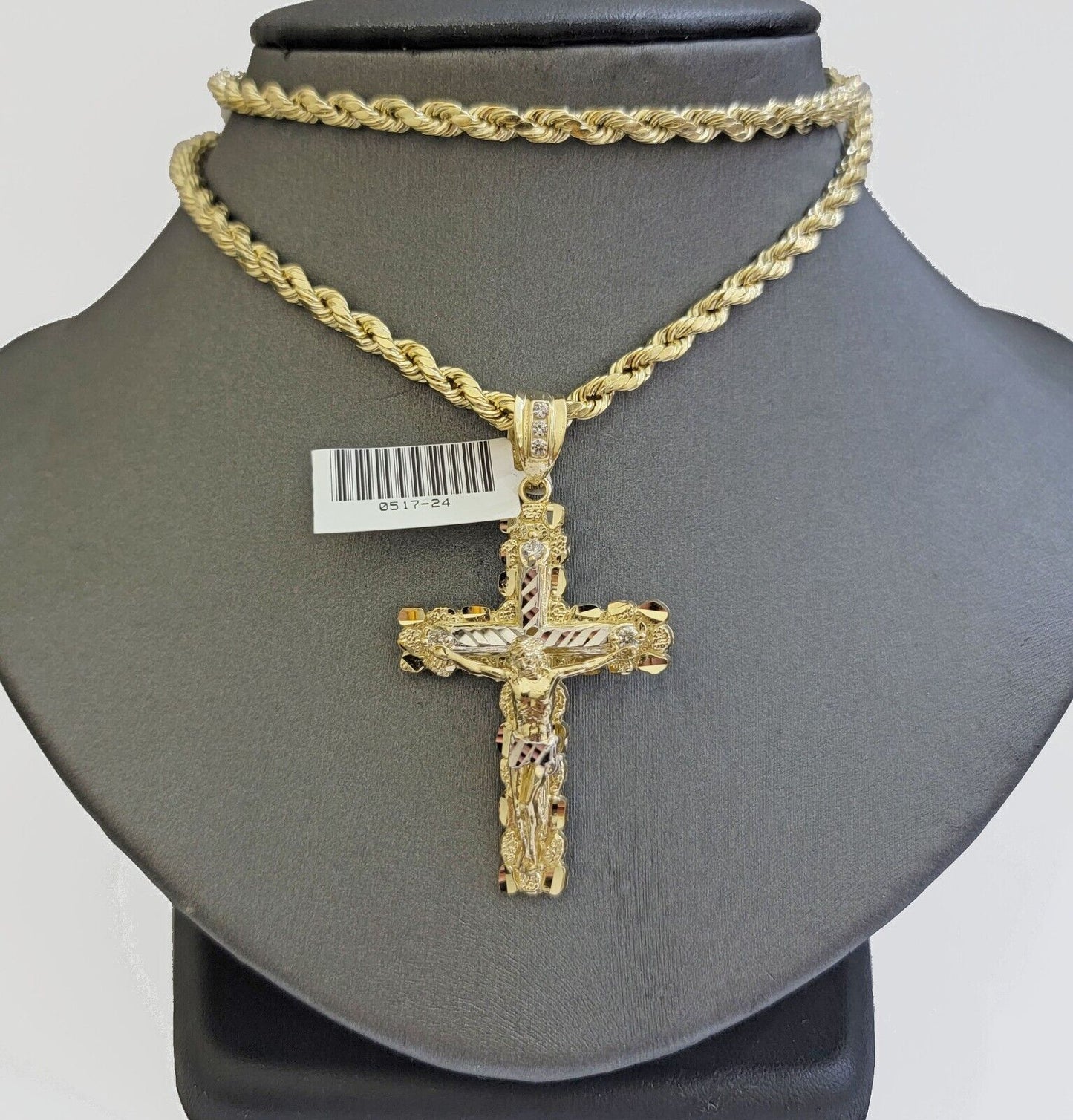 Real 10k Gold Rope Chain Jesus Cross Charm SET 4mm 22'' Necklace & Pendant Men's