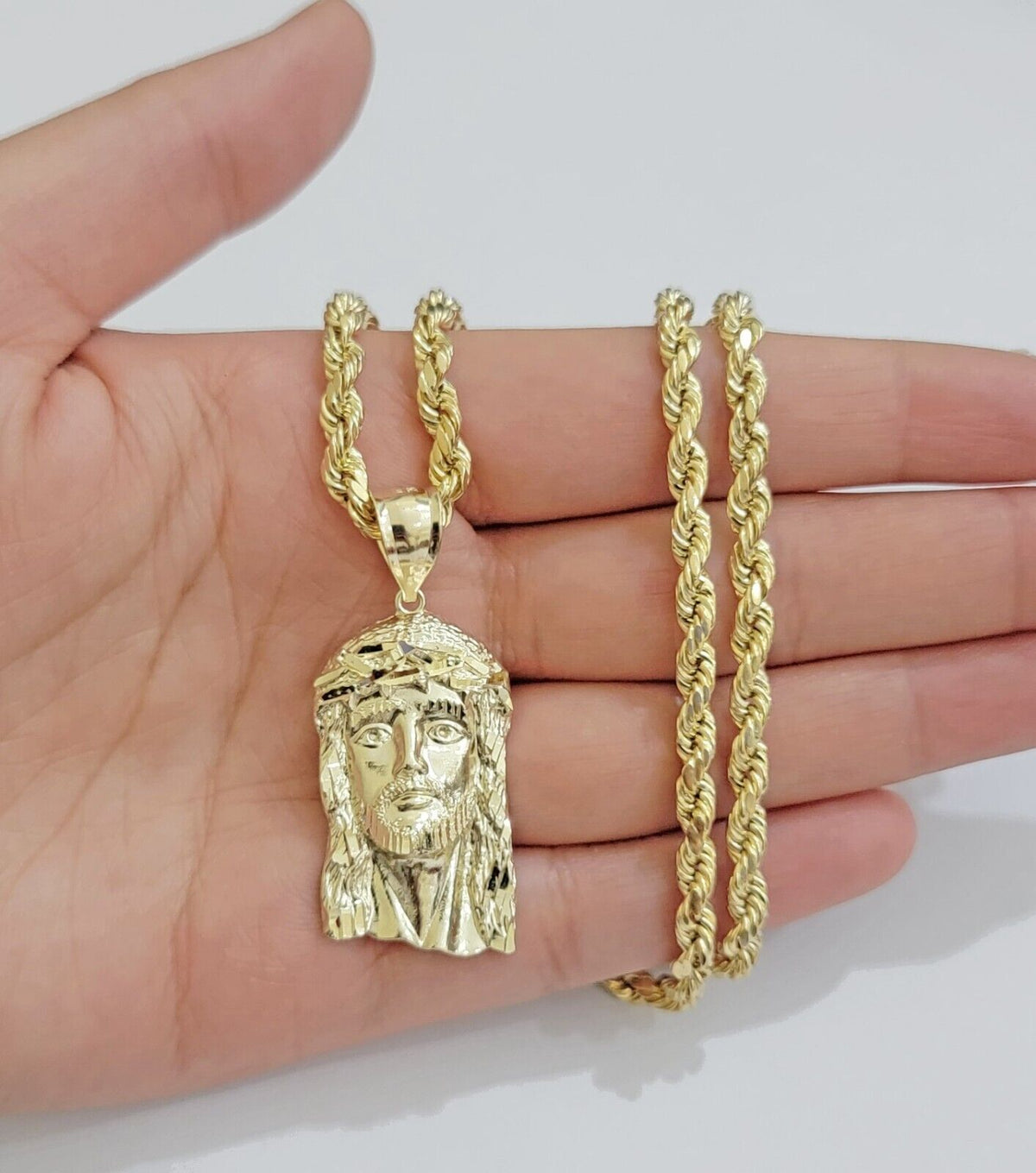 Yellow Jesus Chain Real 10k Yellow Gold Rope Chain Jesus Charm Pendant SET 4mm 18-28 inch ...